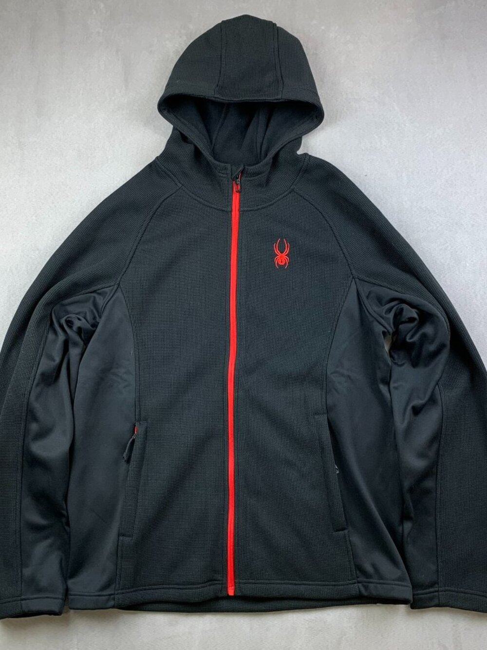 Spyder Mens Sweater Large Black Constant Full Zip Hooded Jacket Waffle Fleece